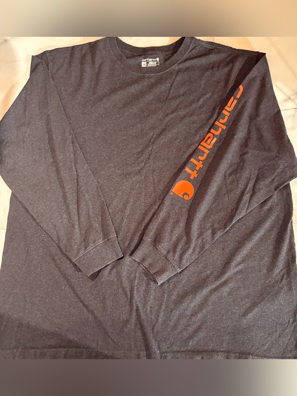 Carhartt Men’s Long-Sleeve Dark Gray Shirt with Orange Sleeve Logo